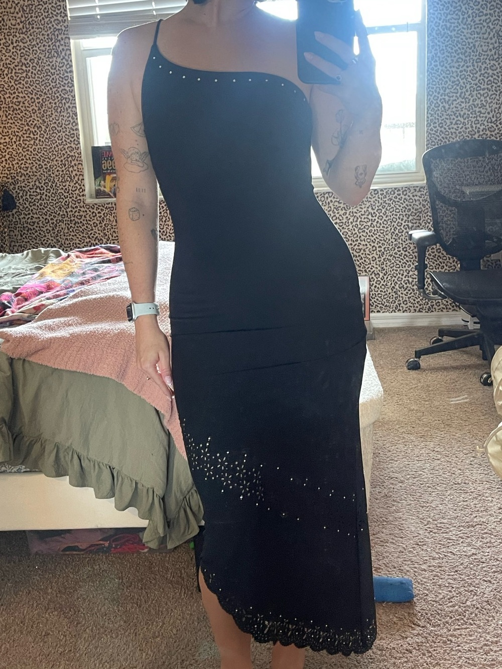 Vintage Rampage black midi dress with silver rhinestone embellishments